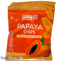 Opakowanie Guiltfree Frank & Oli Papaya Chips, wegańskie suszone kawałki papai bez dodatku cukru w pomarańczowej paczce.