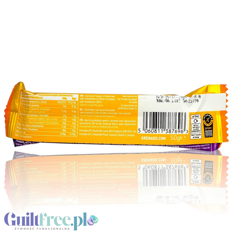 Tył opakowania batona proteinowego Guiltfree Grenade Soft Core Golden Caramel z informacjami o wartościach odżywczych