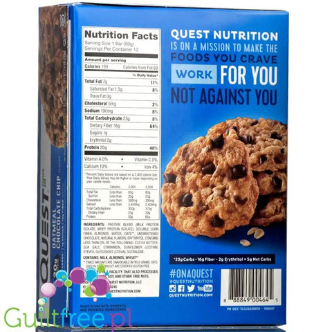 Quest Bar Oatmeal Chocolate Chip - baton proteinowy 20g białka, 15g błonnika by Quest Nutrition (quest-bar-oatmeal-chocolate-chip)