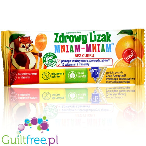 Mniam Lizak pomarańczowy bez cukru, z ksylitolem, stewią i witaminami by Starpharma (Mniam) (mniam-lizak-pomaranczowy-bez-cukru-z-ksylitolem-stewia-i-witaminami)