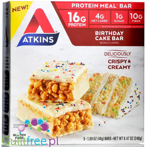 Atkins Meal Birthday Cake - niskocukrowy baton 1g cukru, pudełko x 5 batonów by Atkins (atkins-meal-birthday-cake-baton-bialkowy-z-maslem-migdalowym-i-pekanami-pudelko-x-5-batonow)