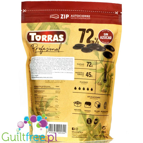 Torras Profesional Choco Drops 1KG - kropelki wegańskiej gorzkiej czekolady 72% bez dodatku cukru by Torras (torras-czekolada-gorzka-72-kakao-bez-dodatku-cukru-drops-1kg)