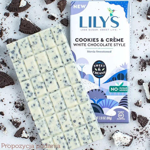 Lily's Sweets White Chocolate Cookies & Crème - keto biała czekolada bez cukru ze stewią z ciasteczkami by Lily's Sweets (lily-s-sweets-no-sugar-added-white-chocolate-style-bars-cookies-creme-biala-czekolada-bez-cukru-ze-stewia)
