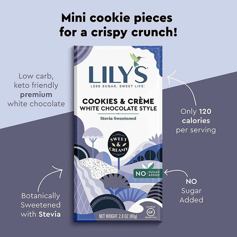 Lily's Sweets White Chocolate Cookies & Crème - keto biała czekolada bez cukru ze stewią z ciasteczkami by Lily's Sweets (lily-s-sweets-no-sugar-added-white-chocolate-style-bars-cookies-creme-biala-czekolada-bez-cukru-ze-stewia)