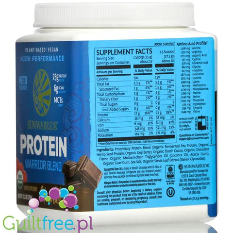 Sunwarrior Protein Warrior Blend, Chocolate 0,375kg - wegańska organiczna odżywka białkowa z goji i MCT by Sunwarrior (sunwarrior-protein-warrior-blend-chocolate-0375kg-weganska-organiczna-odzywka-bialkowa-z-goji-i-mct)