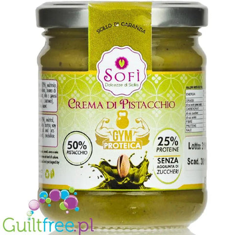 SoFi Gym Proteica Crema di Pistacchio - sycylijski krem pistacjowy bez cukru i maltitolu, 50% pistacji z białkiem WPI by SoFi (sofi-gym-proteica-crema-di-pistacchio-sycylijski-krem-pistacjowy-z-bialkiem-wpi)