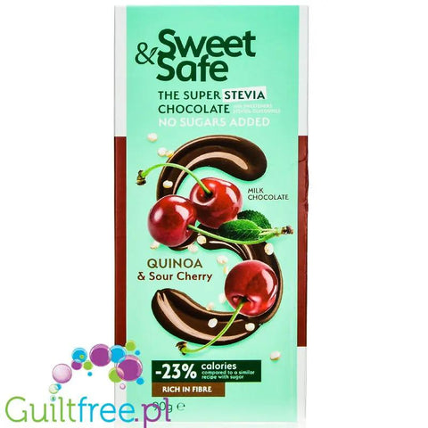 Sweet & Safe Stevia Milk Chocolate, Quinoa & Sour Cherry - mleczna czekolada ze stewią 23% mniej kcal, Wiśnie & Quinoa by Sweet&Safe (sweet-safe-stevia-milk-chocolate-quinoa-sour-cherry-mleczna-czekolada-ze-stewia-25-mniej-kcal-wisnie-quinoa)