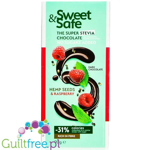 Sweet & Safe Stevia Dark Chocolate, Hemp & Raspberry - deserowa czekolada bez cukru, 31% mniej kcal, Maliny & Konopie by Sweet&Safe (sweet-safe-stevia-dark-chocolate-hemp-raspberry-deserowa-czekolada-bez-cukrua-31-mniej-kcal-maliny-konopie)