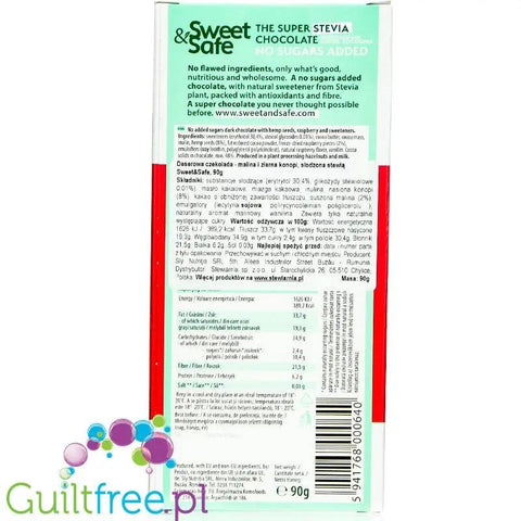 Sweet & Safe Stevia Dark Chocolate, Hemp & Raspberry - deserowa czekolada bez cukru, 31% mniej kcal, Maliny & Konopie by Sweet&Safe (sweet-safe-stevia-dark-chocolate-hemp-raspberry-deserowa-czekolada-bez-cukrua-31-mniej-kcal-maliny-konopie)