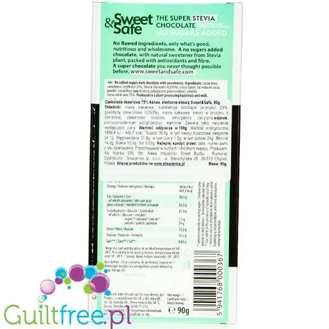 Sweet & Safe Super Stevia Dark Chocolate - ciemna czekolada bez cukru ze stewią 75% kakao by Sweet&Safe (sweet-safe-super-stevia-dark-chocolate-ciemna-czekolada-bez-cukru-ze-stewia-75-kakao)