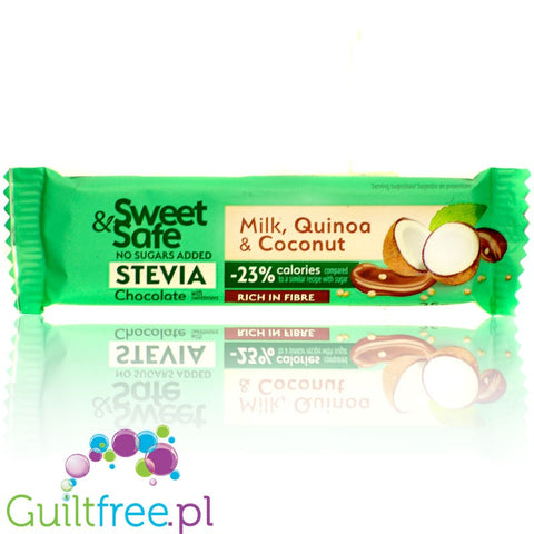 Sweet & Safe Stevia Milk Chocolate, Quinoa & Coconut - batonik z mlecznej czekolady 23% mniej kalorii by Sweet&Safe (sweet-safe-stevia-milk-chocolate-quinoa-coconut-batonik-z-mlecznej-czekolady-23-mniej-kalorii)