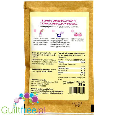 Krukam Budyń Malina - budyń o smaku malinowy z kawałkami malin, bez dodatku cukru by KruKam (krukam-budyn-malina-budyn-o-smaku-malinowy-z-kawalkami-malin-bez-dodatku-cukru)