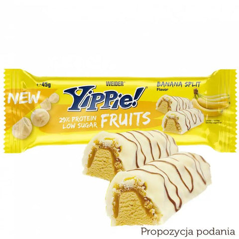 Yippie! Bar Fruits, Banana Split, baton proteinowy 174kcal & 13g białka, Banan, Karmel & Biała Czekolada by WEIDER® (yippie-bar-fruits-banana-split-baton-proteinowy-174kcal-13g-bialka-banan-karmel-biala-czekolada)