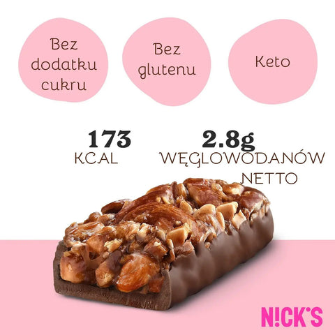 N!CK'S Nicks Almond Crunch Nut Bar - wegański baton 173kcal bez dodatku cukru ze stewią i erytrolem by Nick's! (nck-s-almond-crunch-nut-bar-weganski-baton-173kcal-bez-dodatku-cukru-ze-stewia-i-erytrolem)