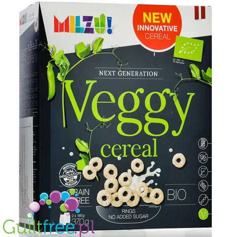 Milzu Veggy BIO Cereal - kółka z szarego grochu z sokiem z pigwy, bezglutenowe płatki śniadaniowe bez cukru i słodzików by Milzu (milzu-veggy-cereal-370g-kolka-z-szarego-grochu-z-sokiem-z-pigwy)