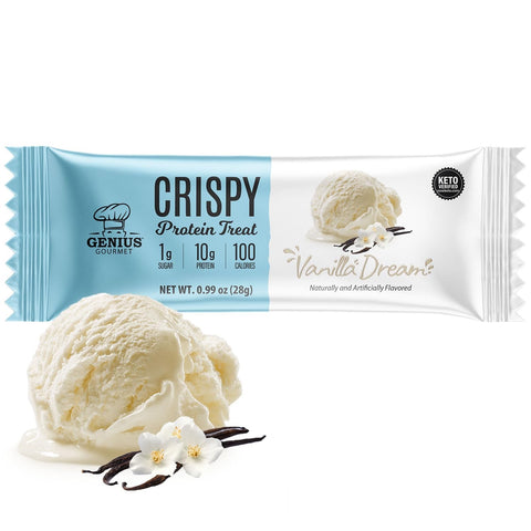 Genius Gourmet Crispy Protein Treat Vanilla Dream 100kcal - ketogeniczny chrupiący baton z MCT 1g cukru by Genius Gourmet (genius-gourmet-crispy-protein-treat-vanilla-dream-100kcal-ketogeniczny-chrupiacy-baton-z-mct-1g-cukru)