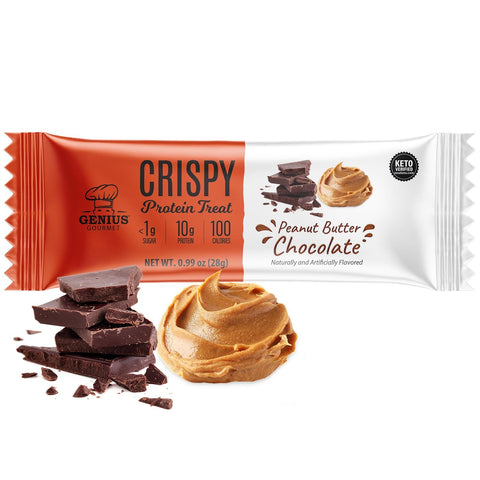 Genius Gourmet Crispy Protein Treat Peanut Butter Chocolate 100kcal - ketogeniczny chrupiący baton z MCT 10g białka & 1g cukru by Genius Gourmet (genius-gourmet-crispy-protein-treat-peanut-butter-chocolate-100kcal-ketogeniczny-chrupiacy-baton-z-mct-10g-bialka-1g-cukru)