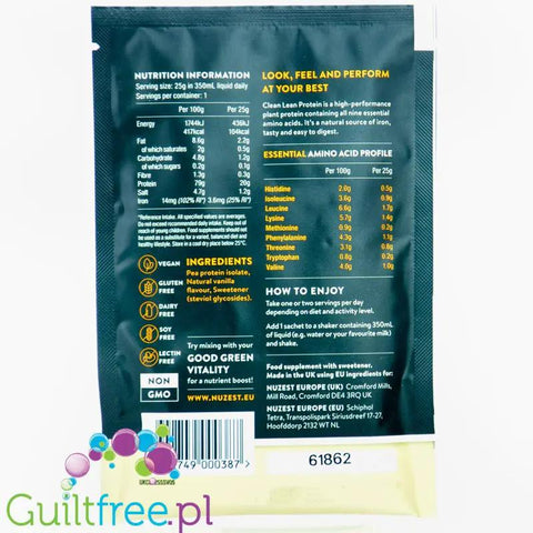 Nuzest Clean Lean Protein Smooth Vanilla 25g - izolat białka grochu, 20g białka, saszetka by Nuzest (nuzest-clean-lean-protein-smooth-vanilla-25g-izolat-bialka-grochu-20g-bialka-saszetka)