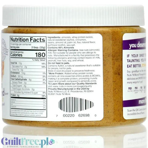 Nuts 'n More Cinnamon Raisin Almond Butter - masło migdałowe z WPI i ksylitolem, z cynamonem i rodzynkami by Nuts'n more (nuts-n-more-cinnamon-raisin-almond-butter-maslo-migdalowe)