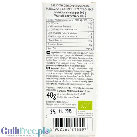 Raw Cocoa Bar with Ceylon Cinnamon - wegańska tabliczka z cynamonem cejlońskim 60% mniej cukru by COCOA RAW (raw-cocoa-bar-with-ceylon-cinnamon-weganska-tabliczka-z-cynamonem-cejlonskim-60-mniej-cukru)