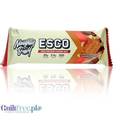 Naughty Boy Esco Protein Bar, White Chocolate Caramel Biscuit - baton 20g białka & 200kcal, smak Biała Czekolada & Spekulatius by Naughty Boy (naughty-boy-esco-protein-bar-white-chocolate-caramel-biscuit-baton-20g-bialka-200kcal-smak-biala-czekolada-spekulatius)