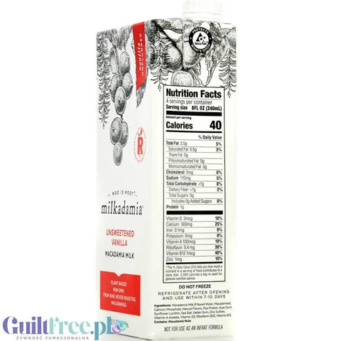 Macadamia Nut Farm Milkadamia Unsweetened Vanilla Macadamia Milk - witaminizowane waniliowe mleko roślinne z makadamia, bez cukru i karagenu -