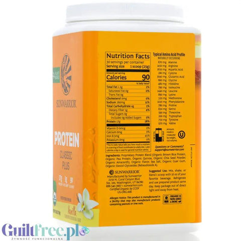 Sunwarrior Protein Classic Plus, Vanilla 0,75KG - organiczna wegańska odżywka białkowa z 5 superfoods by Sunwarrior (sunwarrior-protein-classic-plus-vanilla-075kg-organiczna-weganska-odzywka-bialkowa-z-5-superfoods)