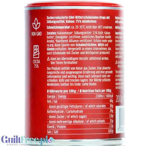 Xucker Dark Chocolate Drops 75% - krople wegańskiej ciemnej czekolady bez cukru, tylko z ksylitolem by Xucker (xucker-dark-chocolate-drops-krople-ciemnej-czekolady-tylko-z-ksylitolem)