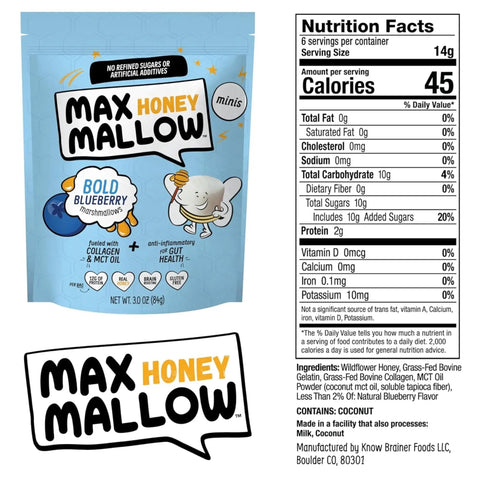 Know Brainer Max Honey Mallow Bold Blueberry Mini Marshmallows - miodowo-jagodowe mini pianki proteinowe z kolaganem i MCT by Know Brainer Foods (know-brainer-max-honey-mallow-bold-blueberry-mini-marshmallows-miodowo-jagodowe-mini-pianki-proteinowe-z-kolaganem-i-mct)