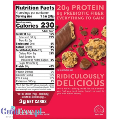 Atkins Strong Chocolate Chip Cookie Dough PUDEŁKO x 4 BATONY - baton proteinowy20g białka, bez maltitolu by Atkins (atkins-strong-chocolate-chip-cookie-dough-pudelko-x-4-batony-baton-proteinowy20g-bialka-bez-maltitolu)