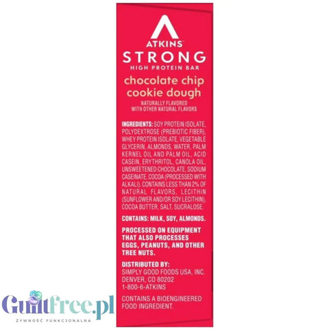 Atkins Strong Chocolate Chip Cookie Dough - baton proteinowy20g białka, bez maltitolu by Atkins (atkins-strong-chocolate-chip-cookie-dough-baton-proteinowy-kruche-ciastka-czekolada-baton-13g-bialka-14g-blonnika)