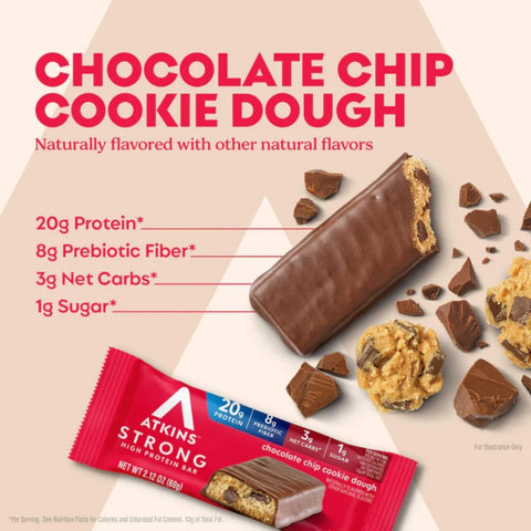 Atkins Strong Chocolate Chip Cookie Dough - baton proteinowy20g białka, bez maltitolu by Atkins (atkins-strong-chocolate-chip-cookie-dough-baton-proteinowy-kruche-ciastka-czekolada-baton-13g-bialka-14g-blonnika)