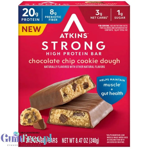 Atkins Strong Chocolate Chip Cookie Dough - baton proteinowy20g białka, bez maltitolu by Atkins (atkins-strong-chocolate-chip-cookie-dough-baton-proteinowy-kruche-ciastka-czekolada-baton-13g-bialka-14g-blonnika)