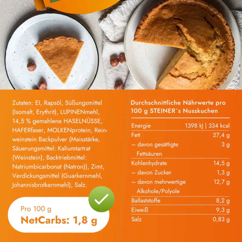 STEINER's Low Carb Nusskuchen - niskowęglowodanowe gotowe do zjedzenia ciasto orzechowe bez cukru by Steiner's Low Carb (steiner-s-low-carb-nusskuchen-niskoweglowodanowe-gotowe-do-zjedzenia-ciasto-orzechowe-bez-cukru)