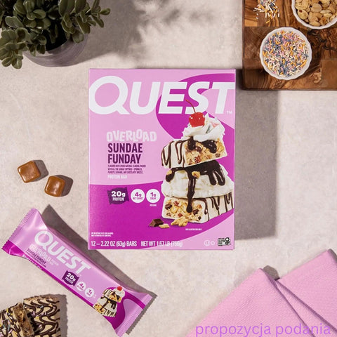 Quest Overload Sundae Funday BOX 12 szt - baton proteinowy bez cukru, 20g białka & 210kcal by Quest Nutrition (quest-overload-sundae-funday-box-12-szt-baton-proteinowy-bez-cukru-20g-bialka-210kcal)