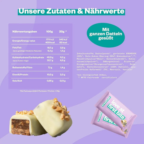 Treatfuls Love At First Bite - wegański organiczny batonik z orzechami ziemnymi w białej czekoladzie bez dodatku cukru by Treatfuls (treatfuls-love-at-first-bite-weganski-organiczny-batonik-z-orzechami-ziemnymi-w-bialej-czekoladzie-bez-dodatku-cukru)