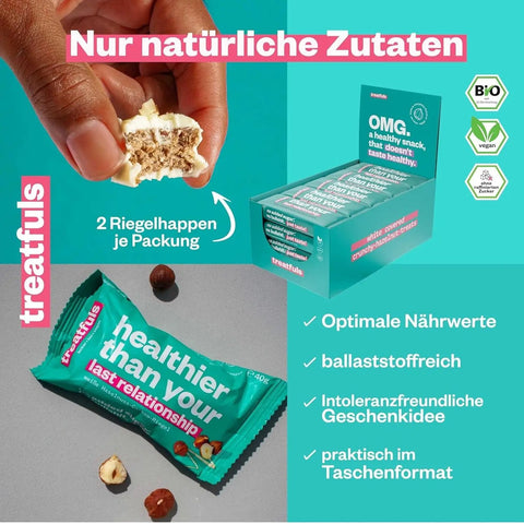Treatfuls Healthier Than Your Last Relationship - wegański batonik organiczny z orzechami laskowymi i białą polewą z ksylitolem by Treatfuls (treatfuls-healthier-than-your-last-relationship)