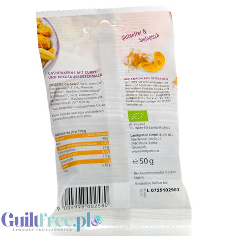 Landgarten Bio Cashews Kokos-Curry - bio nerkowce w kokosowej posypce curry, keto przekąska by Landgarten (landgarten-bio-cashews-kokos-curry-bio-nerkowce-w-kokosowej-posypce-curry-keto-przekaska)