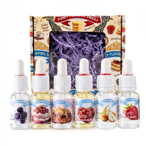 Funky Flavors Funky Flavors Sweet 6 x 10ml, Set Testerski Bestsellery Owocowe - zestaw słodkich kropelek bez kalorii - Aromaty i ekstrakty do pieczenia