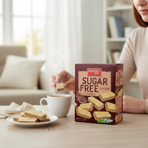 Pozostali Producenci Sweet Plus Sugar Free Cocoa – wegańskie wafelki z kremem kakaowym bez dodatku cukru, opakowanie rodzinne -