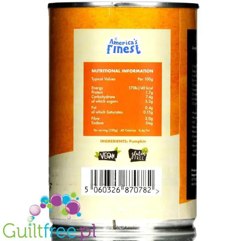Puszka Guiltfree America's Finest 100% puree z dyni z tabelą wartości odżywczych i informacją o składzie