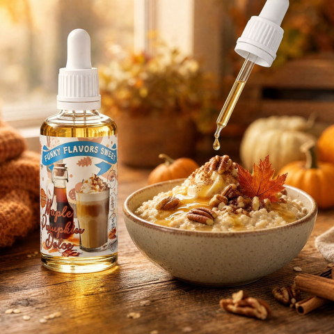 Aromat Guiltfree Funky Flavors Sweet Maple Pumpkin Dolce obok miseczki owsianki z orzechami pekan i syropem klonowym.