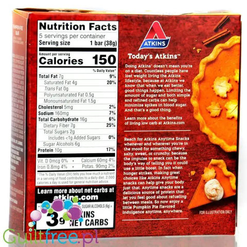 Guiltfree Atkins Snack Pumpkin Pie pudełko 5 batonów proteinowych z tabelą wartości odżywczych i grafiką ciasta dyniowego