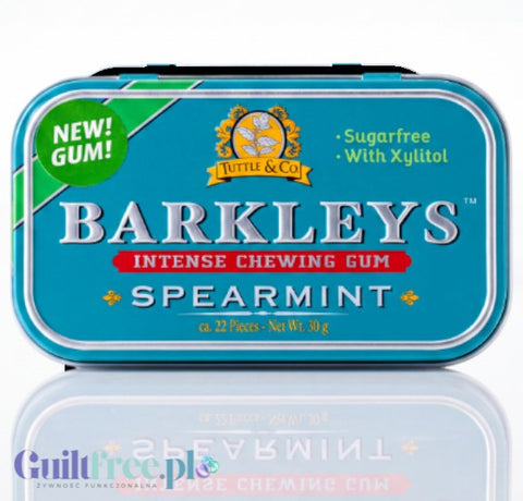 Guiltfree Barkley's Spearmint sugar-free chewing gum in a decorative blue metal tin with xylitol