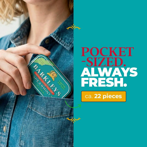Guiltfree Barkley's Spearmint sugar-free chewing gum in a decorative metal tin being placed in a denim shirt pocket.
