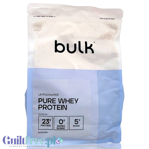 Opakowanie Guiltfree Bulk Pure Whey Protein 500g, bezsmakowy koncentrat białka serwatkowego w białej torebce.