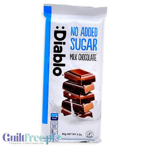 Opakowanie Guiltfree Diablo Milk Chocolate, mlecznej czekolady bez dodatku cukru z grafiką stosu kostek czekolady.