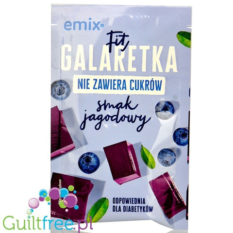 Opakowanie Guiltfree Emix Fit Galaretka Jagoda, niskokaloryczny deser bez cukru o wyrazistym smaku jagód.