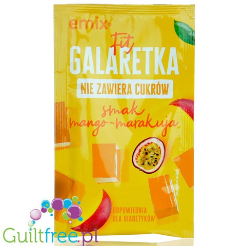Opakowanie Guiltfree Emix Fit galaretki bez cukru o smaku mango i marakui, idealnej dla diabetyków.