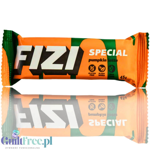Baton wegański FIZI Special Pumpkin Latte w pomarańczowo-zielonym opakowaniu, dostępny w sklepie Guiltfree